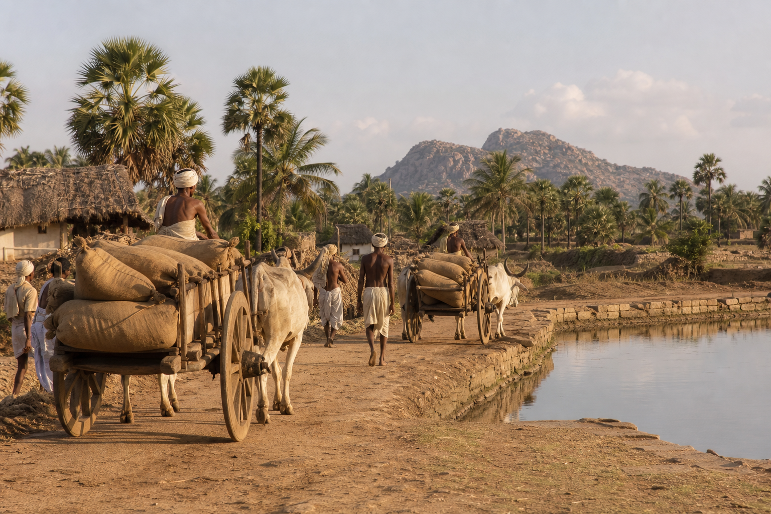 Bullock carts on a village road beside a tank and palms, a rocky hill beyond, in the Krishna country of Guntur, India.