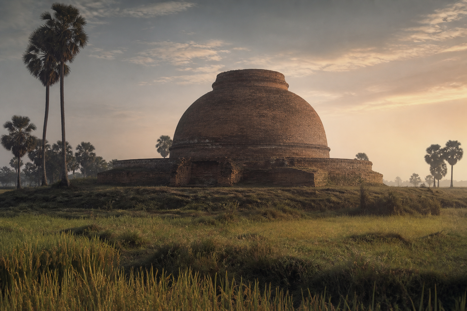 Brick stupa at Bhattiprolu among palms and paddy at low sun.