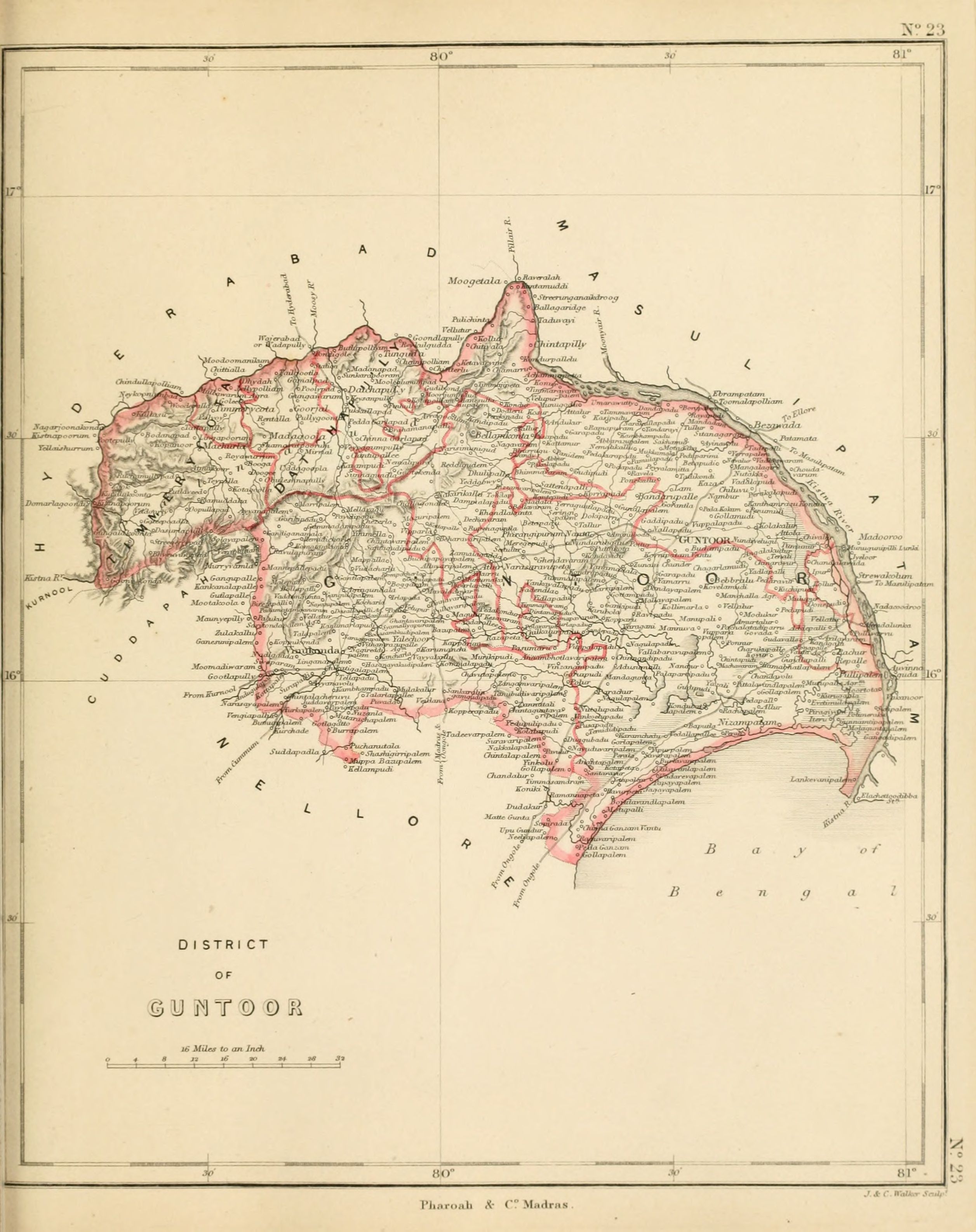 1854 engraved map titled District of Guntoor, by Pharoah and Co. Madras, plate 23, from An Atlas of the Southern Part of India, showing the older Guntoor district along the Kistna River.